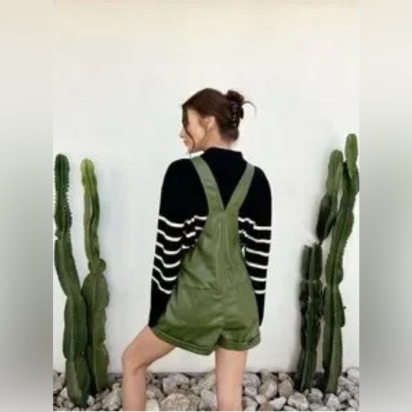 WEWOREWHAT NWT VEGAN GREEN LEATHER SHORT OVERALLS in BASIL - Picture 3 of 8
